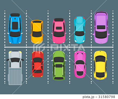 Cartoon Parking Zones with Cars Top View. Vector 31580798