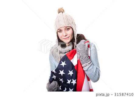 girl holding an American flag long healthy natural 31587410
