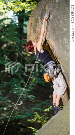 Female climber climbing with rope on a rocky wall Female climber climbing with rope on a rocky wall 31589021