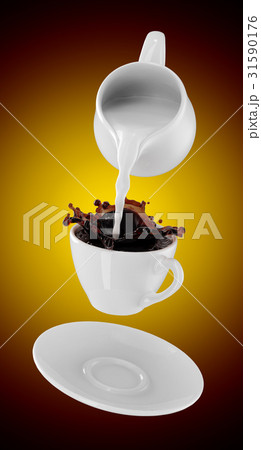 Milk being poured into small cup of coffee. 3d Milk being poured into small cup of coffee. 3d 31590176