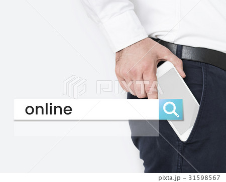 Hand holding digital device network graphic in pocket 31598567