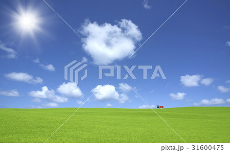 草原の赤い屋根の家と雲と太陽のイラスト素材 [31600475] - PIXTA