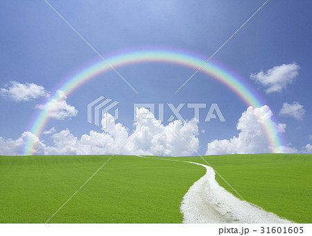 丘へ続く白い道と虹のイラスト素材