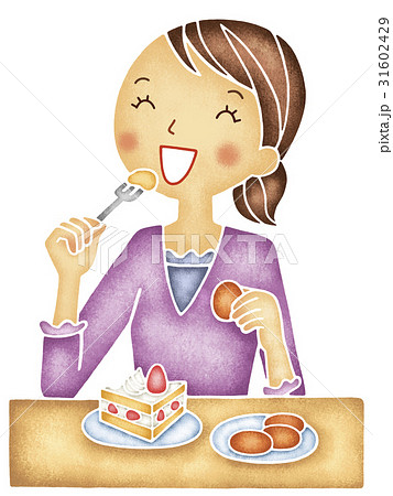 ケーキやお菓子を食べる女性のイラスト素材