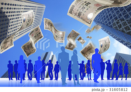 舞い散る紙幣と群衆のイラスト素材