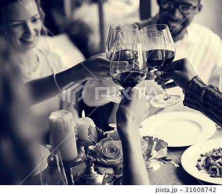 Friends Clinging Wineglasees Together Cheers Happiness Friends Clinging Wineglasees Together Cheers Happiness 31608742
