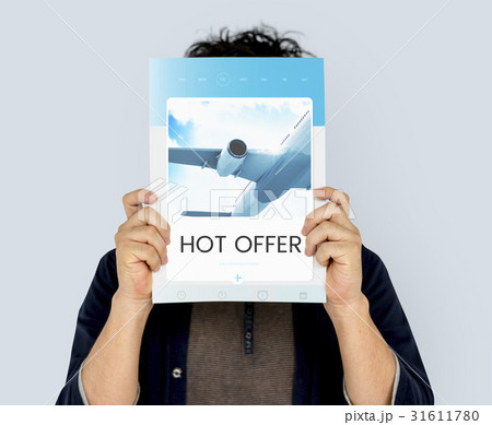 hand holding banner with illustration of air ticket booking for travel destination 31611780