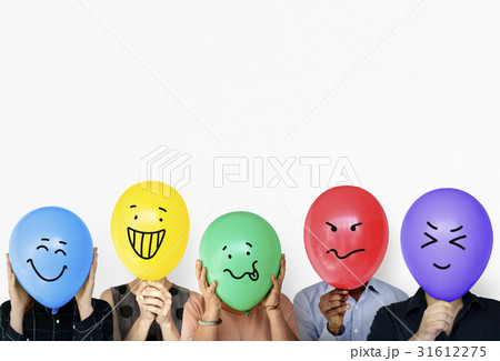 Group of people holding balloon express their emotion 31612275