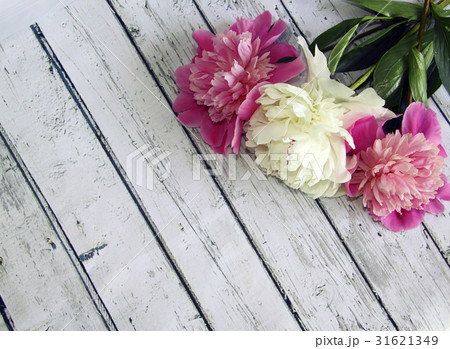 White and pink peonies on a wooden table,  31621349