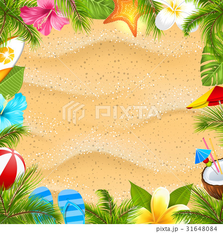 Creative Poster with Palm Leaves, Beach Ball 31648084