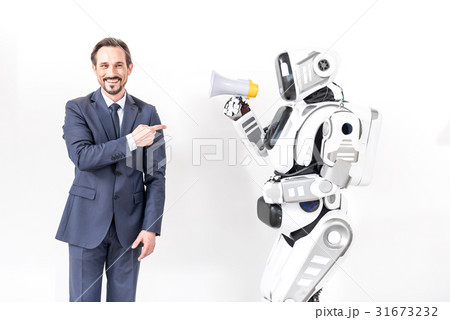 Happy smiling man beside cyborg 31673232