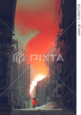 woman holding red smoke flare on street 31682729