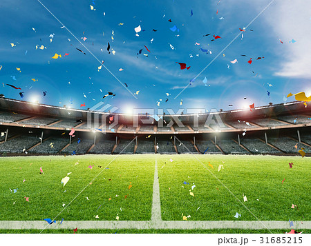 3d rendering confetti celebration in soccer field background 3d rendering confetti celebration in soccer field background 31685215