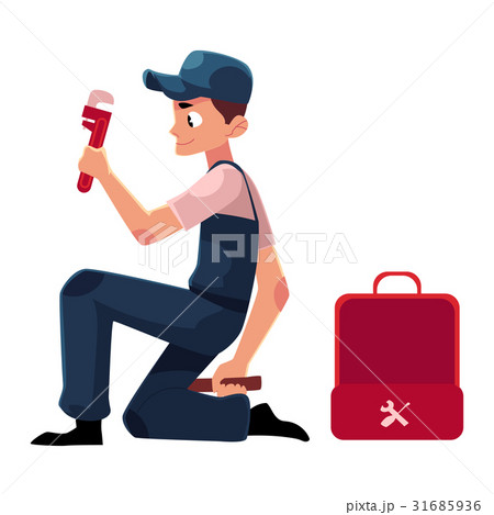Smiling plumbing specialist, plumber sitting with 31685936