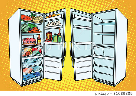 Two refrigerators. One with food and the other Two refrigerators. One with food and the other 31689809
