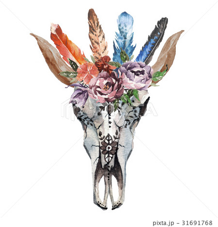 Watercolor isolated bull's head with flowers and Watercolor isolated bull's head with flowers and 31691768