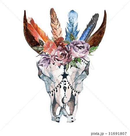 Watercolor isolated bull's head with flowers and Watercolor isolated bull's head with flowers and 31691807