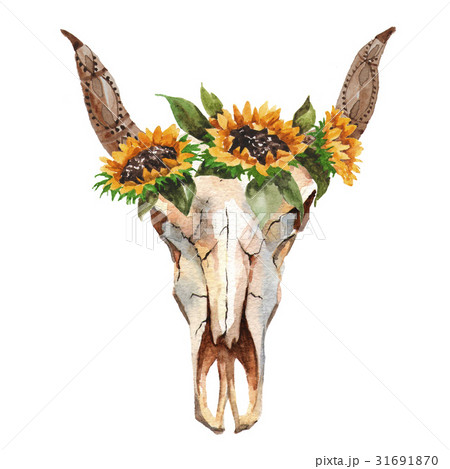 Watercolor isolated bull's head with flowers and 31691870