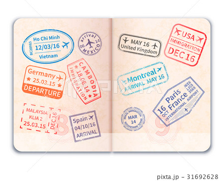 Realistic open foreign passport with many 31692628