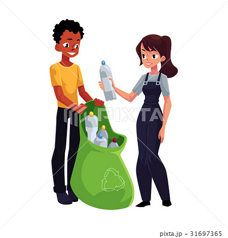 Men collect plastic bottles into garbage bags 31697365