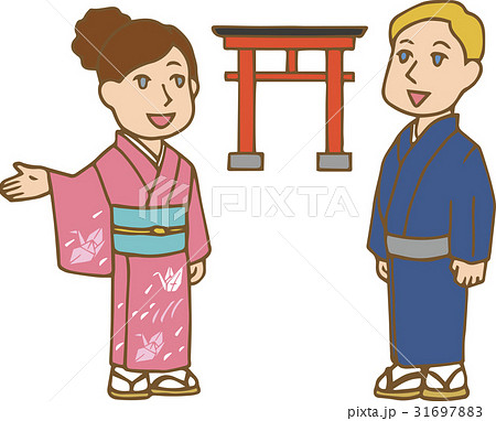 外国人カップルー鳥居ー輪郭茶色のイラスト素材