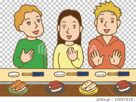 外国人若者ー回転寿しー輪郭茶色 31697919