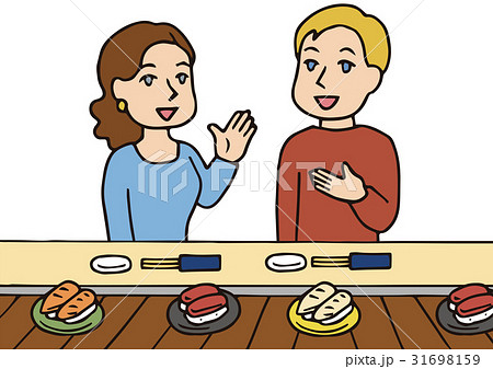 外国人カップルー回転寿しのイラスト素材