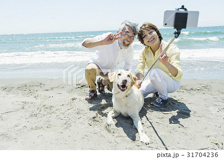 シニア夫婦と犬 浜辺 自撮りの写真素材