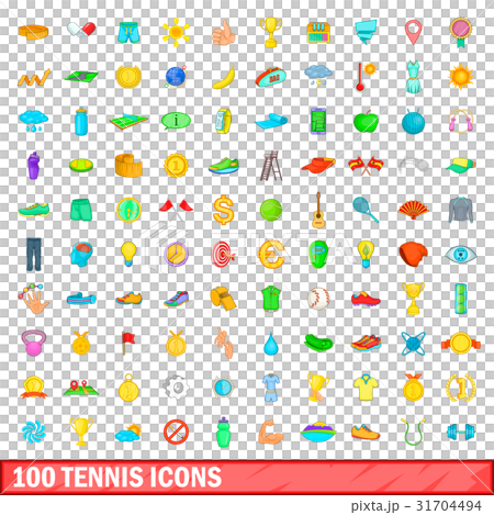 100 tennis icons set, cartoon style 31704494