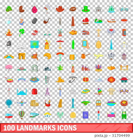 100 landmarks icons set, cartoon style 31704499