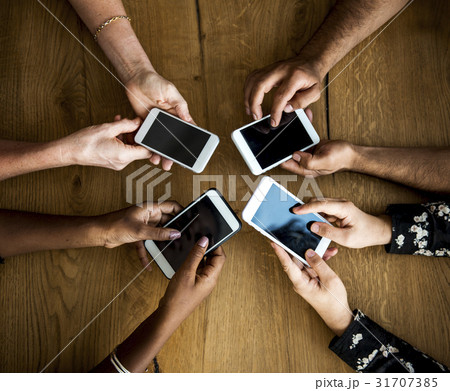 Hands Hold Blank Mobile Phone Together Copy Space 31707385