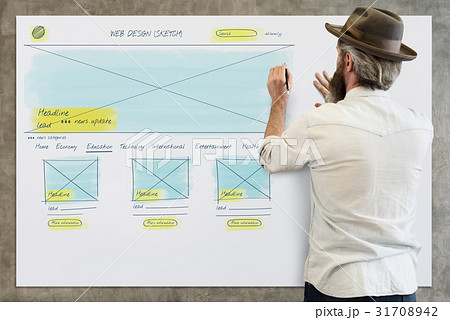 Man working on white board network graphic overlay Man working on white board network graphic overlay 31708942