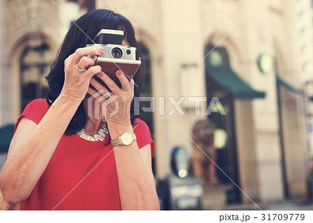 Adult Woman With Camera Capture Snap Shot Outdoor Activity Adult Woman With Camera Capture Snap Shot Outdoor Activity 31709779