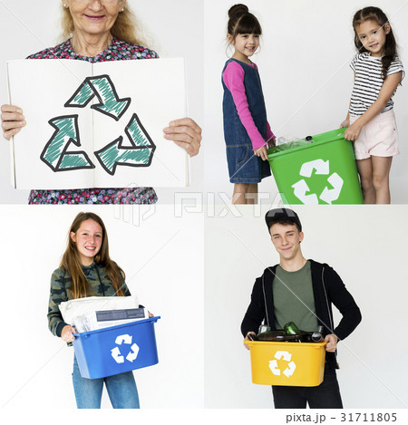 Set of Diversity People with Recycle Sign Environmental Friendly Studio Collage 31711805