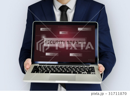 Man holding laptop network graphic overlay 31711870