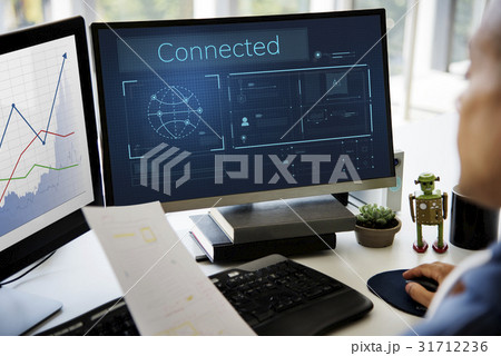 Illustration of global communications network connection on computer Illustration of global communications network connection on computer 31712236