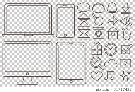 スマホ パソコン Snsの手描き風アイコンセット 線画 透過 のイラスト素材