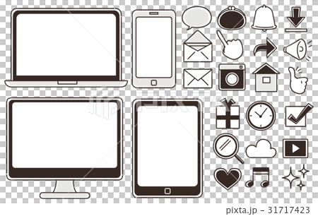 スマホ パソコン Snsの手描き風アイコンセット モノクロ のイラスト素材