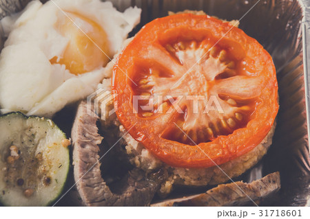 Healthy food in boxes, diet concept. Steamed veal Healthy food in boxes, diet concept. Steamed veal 31718601