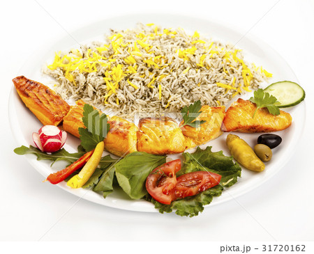 Studio Closeup Of Grilled Salmon Kebab On White Studio Closeup Of Grilled Salmon Kebab On White 31720162
