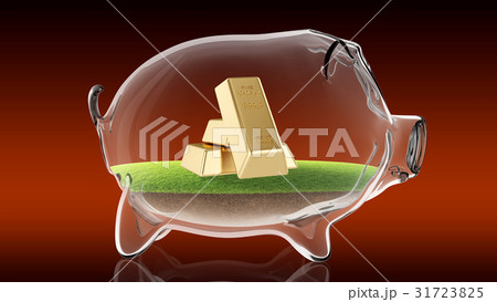 Golden bars inside transparent piggy bank. 3d 31723825