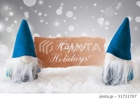 Blue Gnomes With Card, Text Happy Holidays 31731707