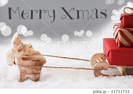 Reindeer With Sled, Silver Background, Merry Xmas Reindeer With Sled, Silver Background, Merry Xmas 31731732