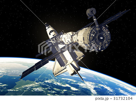 Space Shuttle And Space Station Over The Earth 31732104