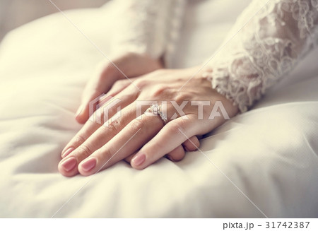 Attractive Beautiful Bride Showing Engagement Wedding Ring on Ha 31742387