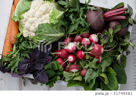 Fresh vegetables and herbs in wooden box Fresh vegetables and herbs in wooden box 31749381