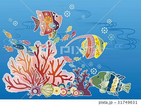 紅型風沖縄の海の風景 熱帯魚とサンゴのイラスト素材