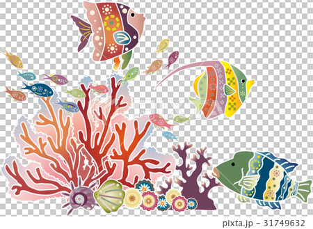 紅型風沖縄の海の生物-熱帯魚とサンゴのイラスト素材 [31749632] - PIXTA
