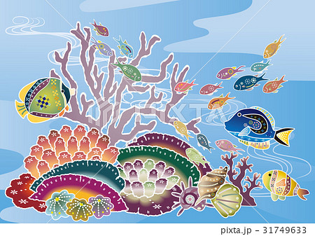 紅型風沖縄の海の風景 熱帯魚とサンゴのイラスト素材