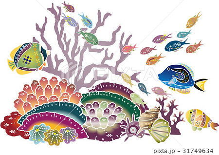 紅型風沖縄の海の生物 熱帯魚とサンゴのイラスト素材